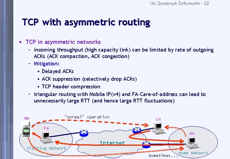 Uni Innsbruck Informatik - 22 TCP with asymmetric routing • TCP in asymmetric networks