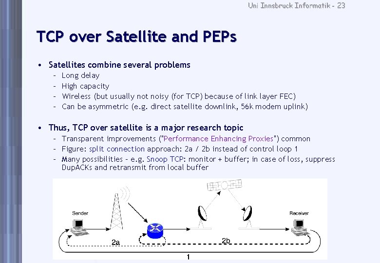 Uni Innsbruck Informatik - 23 TCP over Satellite and PEPs • Satellites combine several