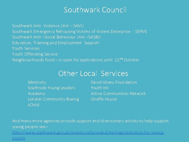 Southwark Council Southwark Anti Violence Unit – SAVU Southwark Emergency Rehousing Victims of Violent