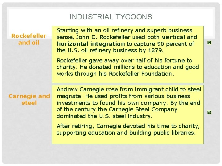INDUSTRIAL TYCOONS Rockefeller and oil Starting with an oil refinery and superb business sense,