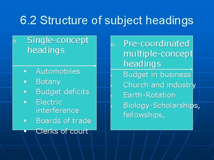 6. 2 Structure of subject headings A. Single-concept headings § § § Automobiles Botany