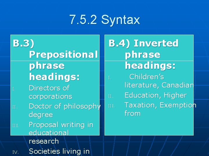 7. 5. 2 Syntax B. 3) Prepositional phrase headings: I. III. IV. Directors of