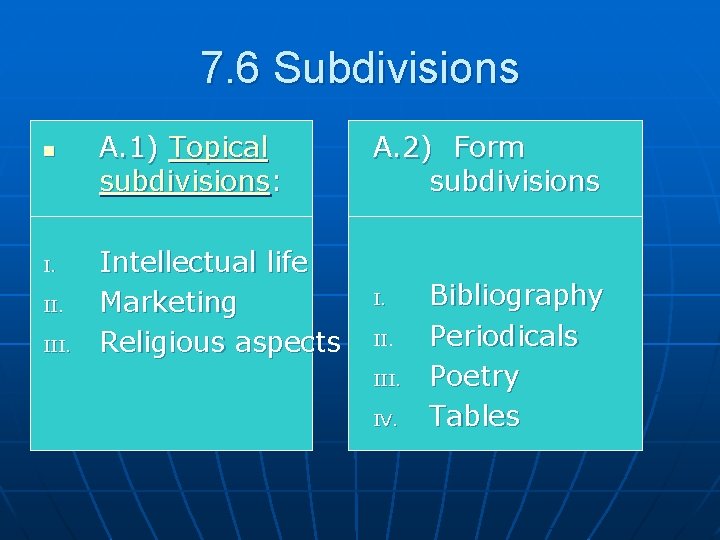 7. 6 Subdivisions n I. III. A. 1) Topical subdivisions: A. 2) Form subdivisions