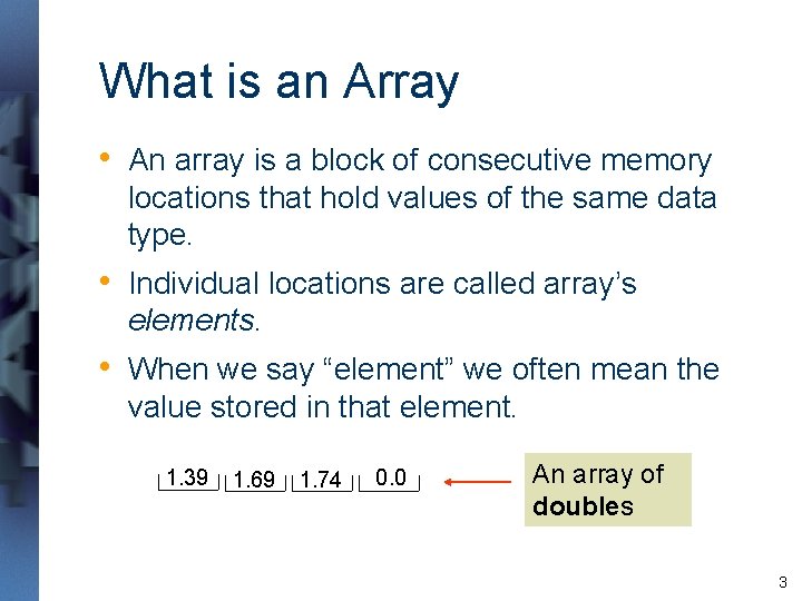 What is an Array • An array is a block of consecutive memory locations What is an Array • An array is a block of consecutive memory locations