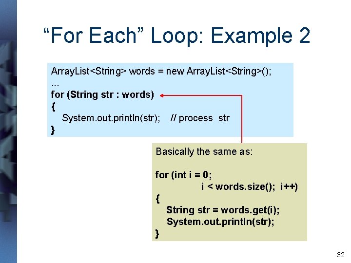“For Each” Loop: Example 2 Array. List<String> words = new Array. List<String>(); . . “For Each” Loop: Example 2 Array. List<String> words = new Array. List<String>(); . .