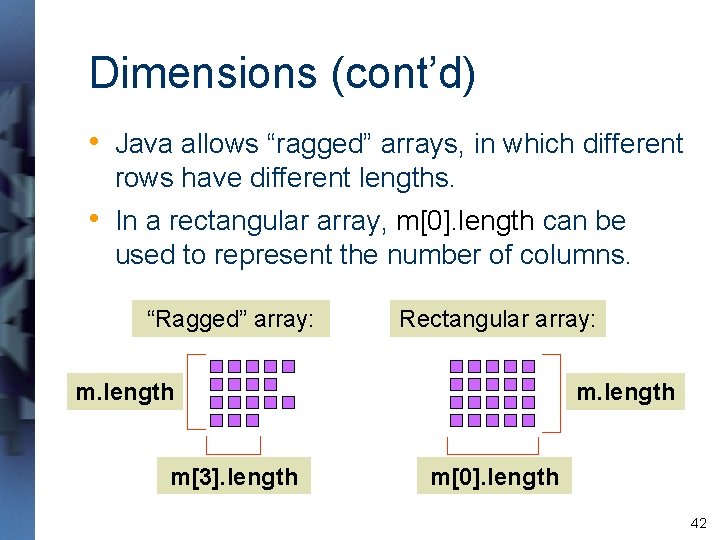 Dimensions (cont’d) • Java allows “ragged” arrays, in which different rows have different lengths. Dimensions (cont’d) • Java allows “ragged” arrays, in which different rows have different lengths.