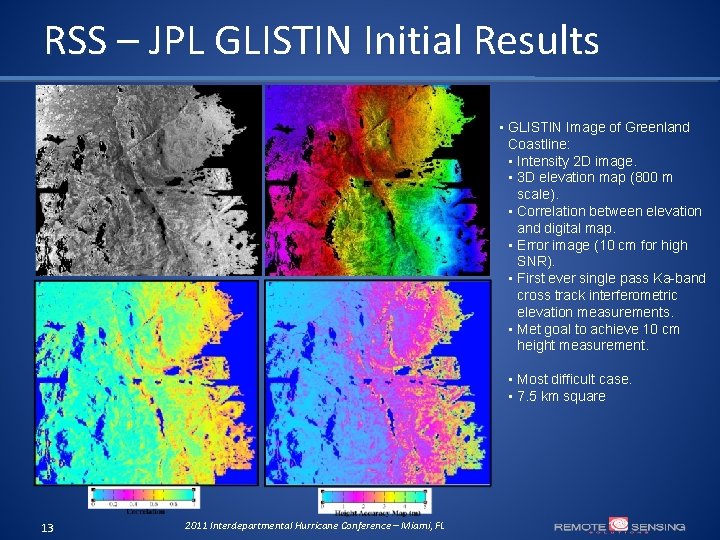 RSS – JPL GLISTIN Initial Results • GLISTIN Image of Greenland Coastline: • Intensity
