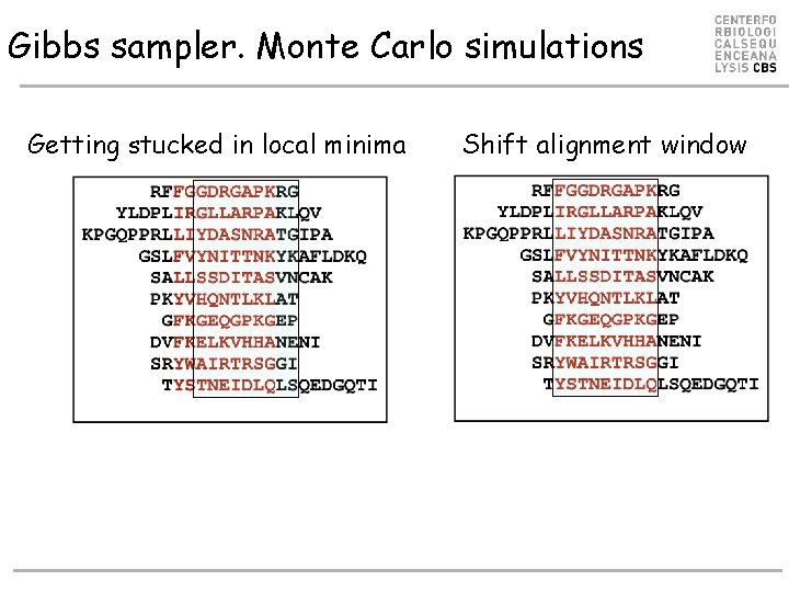 Gibbs sampler. Monte Carlo simulations Getting stucked in local minima Shift alignment window  Gibbs sampler. Monte Carlo simulations Getting stucked in local minima Shift alignment window