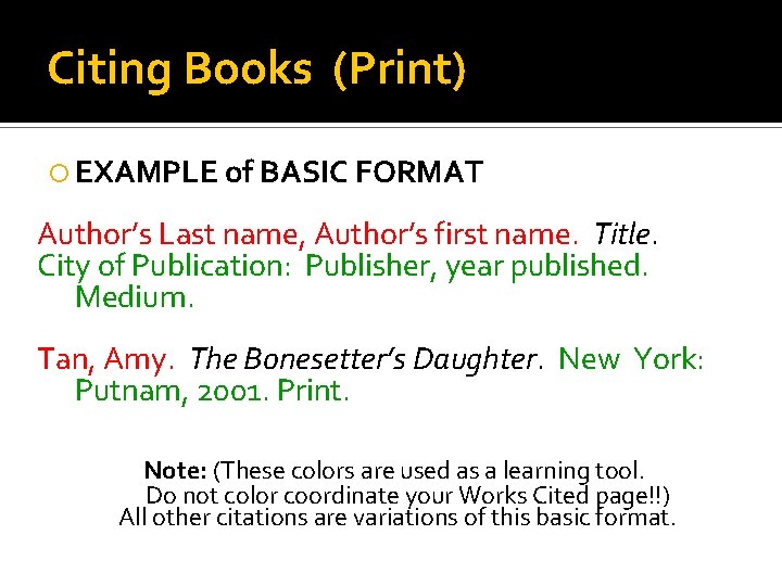 Citing Books (Print) EXAMPLE of BASIC FORMAT Author’s Last name, Author’s first name. Title.