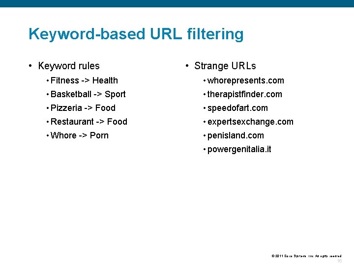 Keyword-based URL filtering • Keyword rules • Strange URLs • Fitness -> Health •