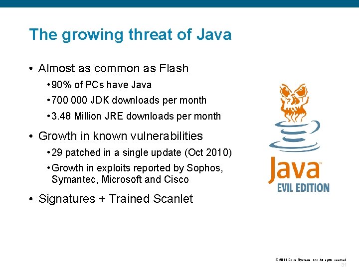 The growing threat of Java • Almost as common as Flash • 90% of