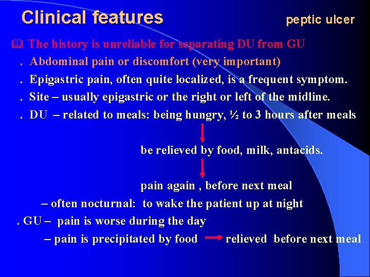 Clinical features & . . peptic ulcer The history is unreliable for separating DU