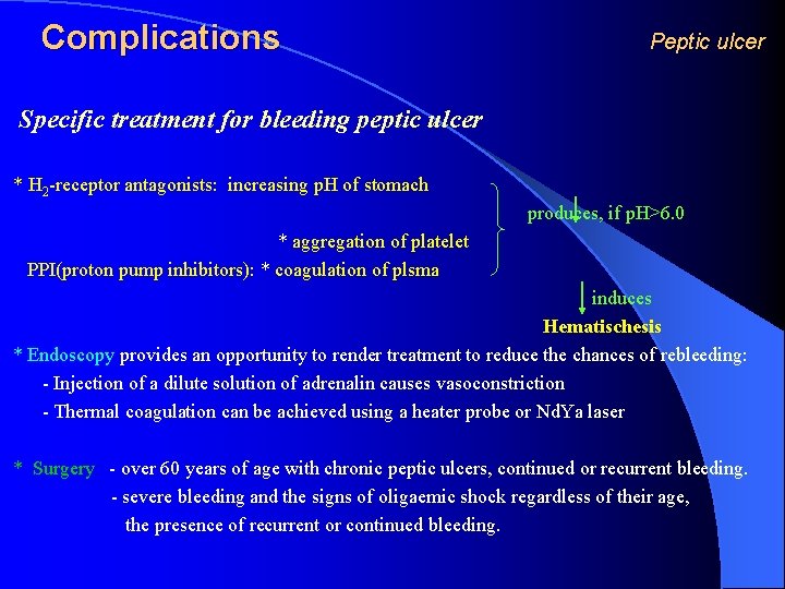 Complications Peptic ulcer Specific treatment for bleeding peptic ulcer * H 2 -receptor antagonists: