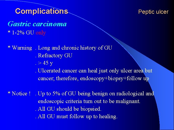 Complications Peptic ulcer Gastric carcinoma * 1 -2% GU only * Warning. Long and