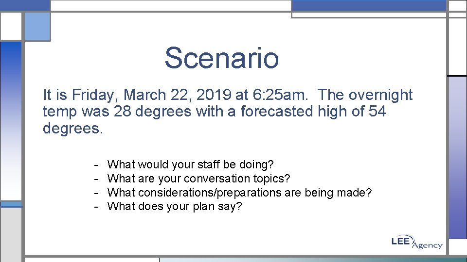 Scenario It is Friday, March 22, 2019 at 6: 25 am. The overnight temp