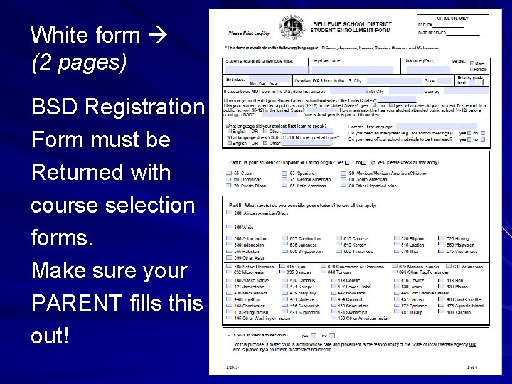 White form (2 pages) BSD Registration Form must be Returned with course selection forms.