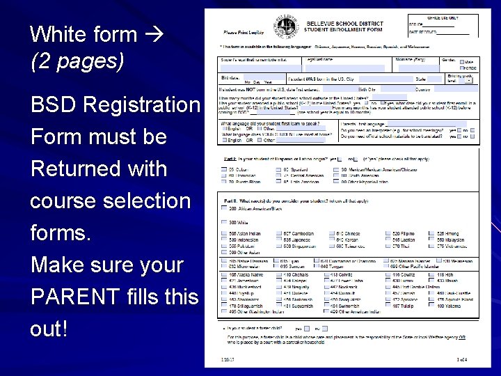 White form (2 pages) BSD Registration Form must be Returned with course selection forms.