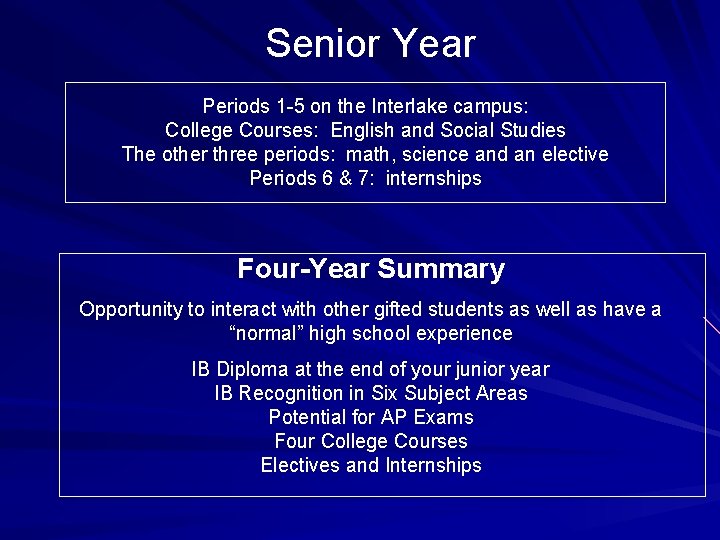 Senior Year Periods 1 -5 on the Interlake campus: College Courses: English and Social