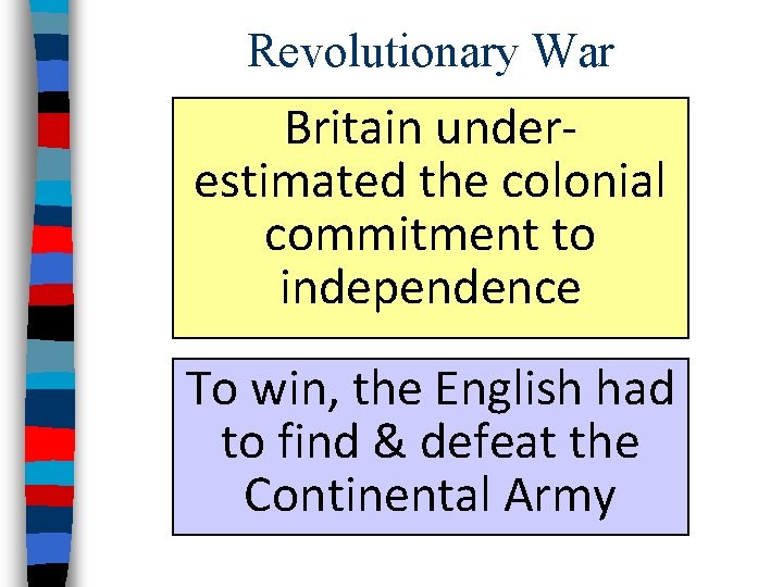 Revolutionary War Britain underestimated the colonial commitment to independence To win, the English had