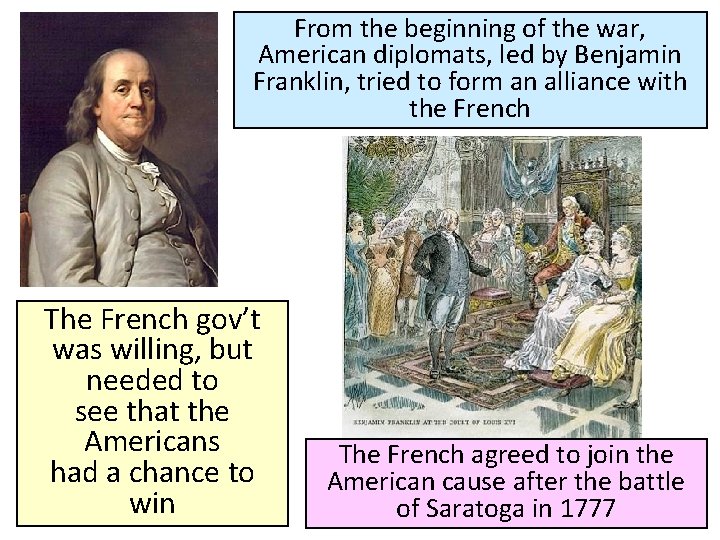 From the beginning of the war, American diplomats, led by Benjamin Franklin, tried to