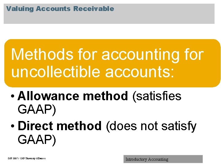 Valuing Accounts Receivable Methods for accounting for uncollectible accounts: • Allowance method (satisfies GAAP)