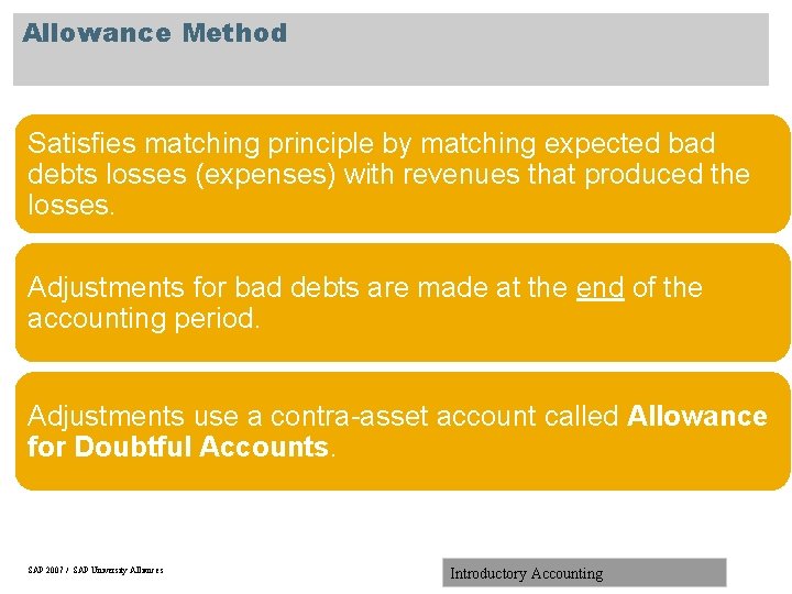 Allowance Method Satisfies matching principle by matching expected bad debts losses (expenses) with revenues