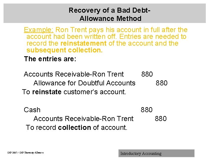 Recovery of a Bad Debt. Allowance Method Example: Ron Trent pays his account in