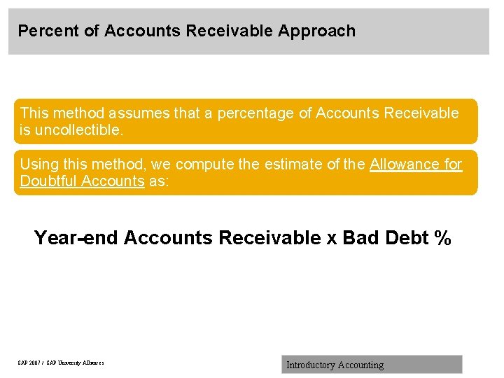 Percent of Accounts Receivable Approach This method assumes that a percentage of Accounts Receivable