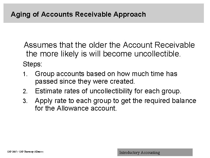 Aging of Accounts Receivable Approach Assumes that the older the Account Receivable the more