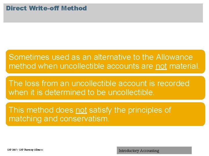 Direct Write-off Method Sometimes used as an alternative to the Allowance method when uncollectible