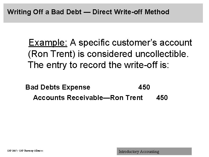 Writing Off a Bad Debt — Direct Write-off Method Example: A specific customer’s account