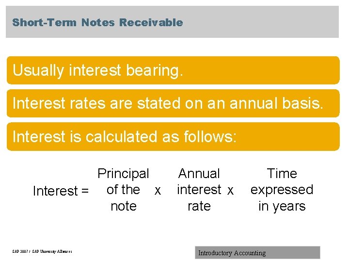 Short-Term Notes Receivable Usually interest bearing. Interest rates are stated on an annual basis.