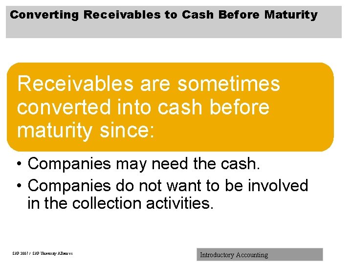 Converting Receivables to Cash Before Maturity Receivables are sometimes converted into cash before maturity