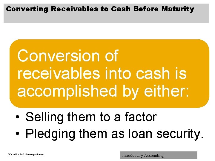 Converting Receivables to Cash Before Maturity Conversion of receivables into cash is accomplished by