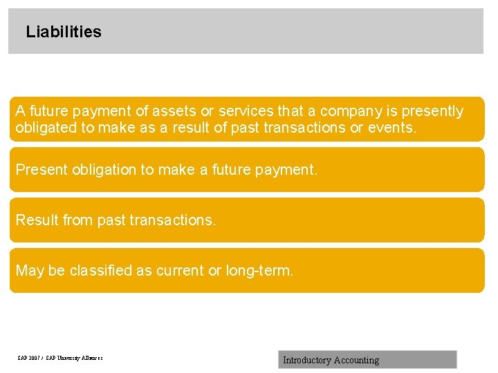 Liabilities A future payment of assets or services that a company is presently obligated