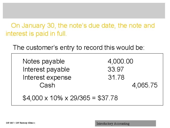On January 30, the note’s due date, the note and interest is paid in
