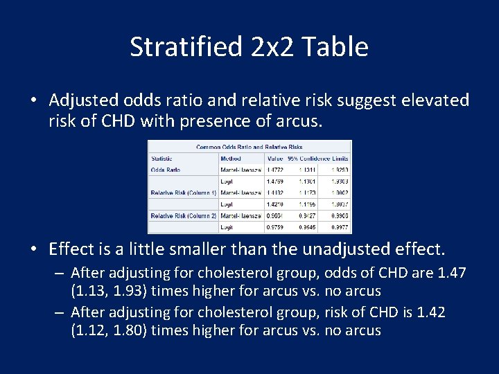 Stratified 2 x 2 Table • Adjusted odds ratio and relative risk suggest elevated