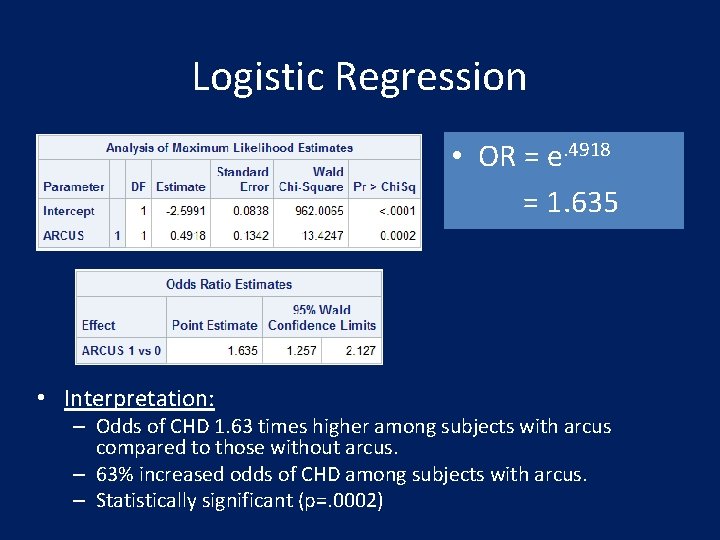 Logistic Regression • OR = e. 4918 = 1. 635 • Interpretation: – Odds