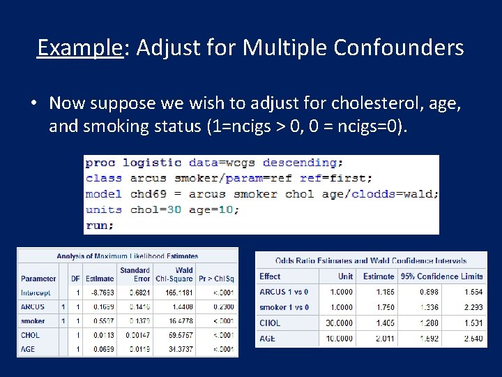 Example: Adjust for Multiple Confounders • Now suppose we wish to adjust for cholesterol,