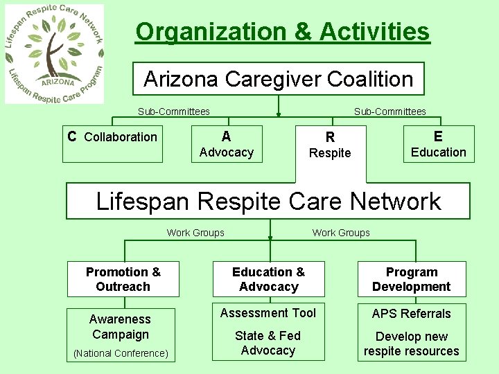 Organization & Activities Arizona Caregiver Coalition Sub-Committees C Collaboration Sub-Committees A R E Advocacy