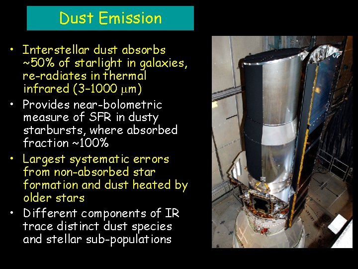 Dust Emission • Interstellar dust absorbs ~50% of starlight in galaxies, re-radiates in thermal