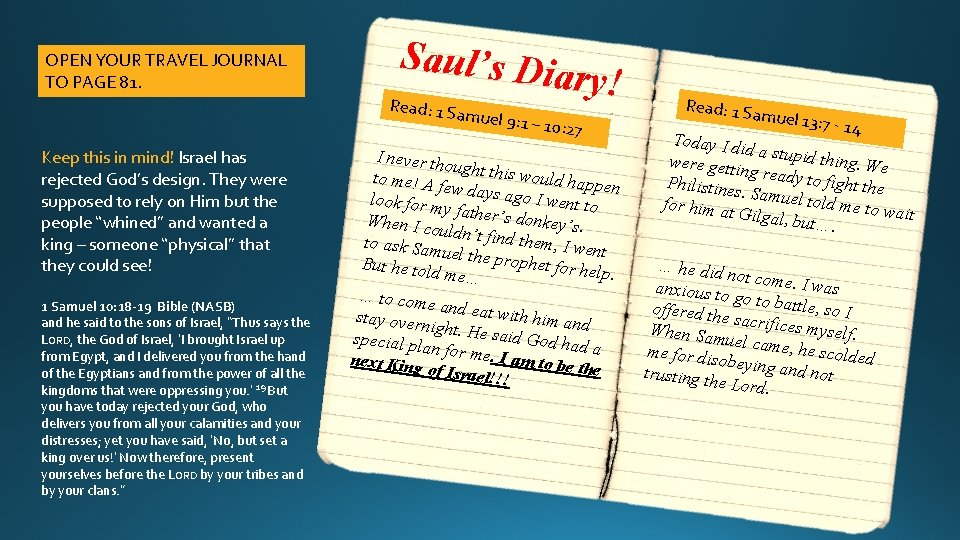 OPEN YOUR TRAVEL JOURNAL TO PAGE 81. Saul’s Dia Read: 1 Sa ry! muel