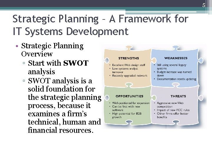 5 Strategic Planning – A Framework for IT Systems Development • Strategic Planning Overview