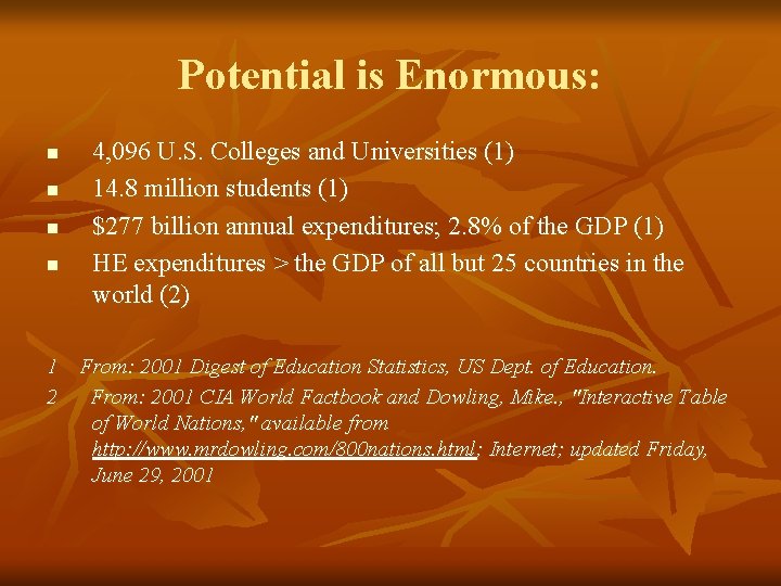 Potential is Enormous: n n 4, 096 U. S. Colleges and Universities (1) 14.