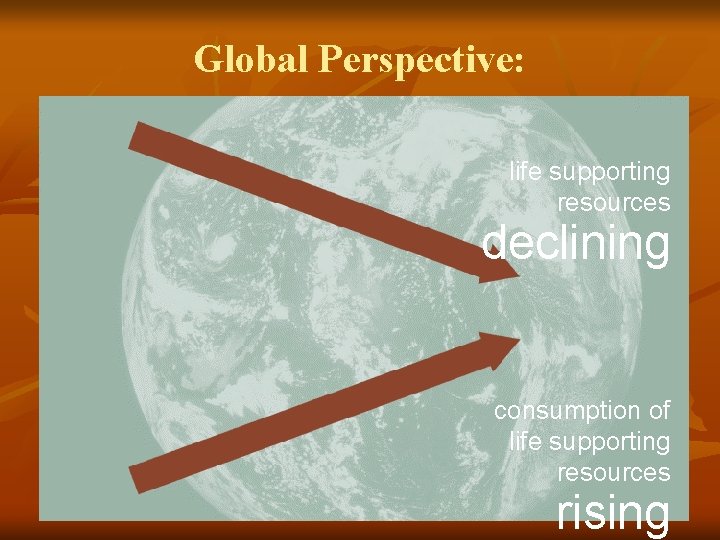 Global Perspective: life supporting resources declining consumption of life supporting resources rising 