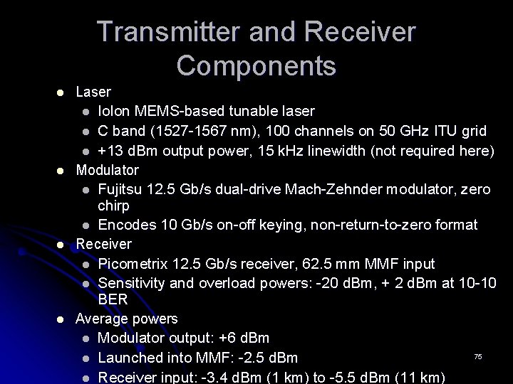 Transmitter and Receiver Components l Laser Iolon MEMS-based tunable laser l C band (1527