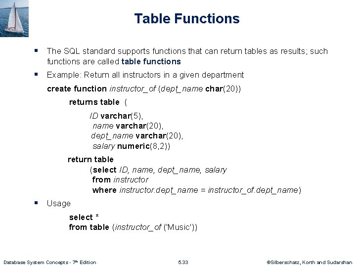 Table Functions § The SQL standard supports functions that can return tables as results;