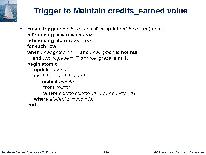 Trigger to Maintain credits_earned value § create trigger credits_earned after update of takes on