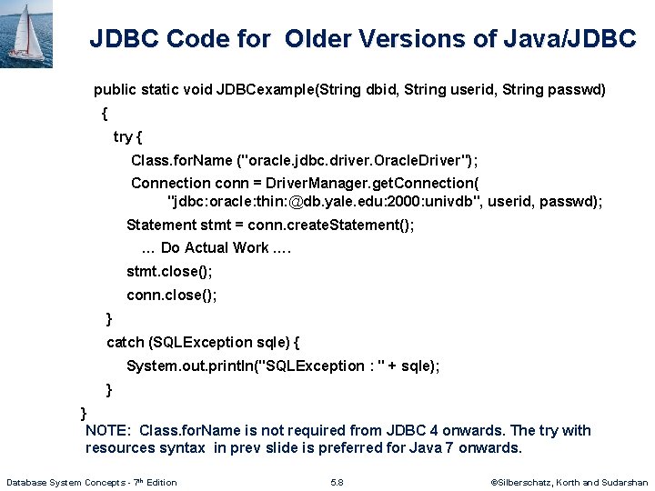 JDBC Code for Older Versions of Java/JDBC public static void JDBCexample(String dbid, String userid,