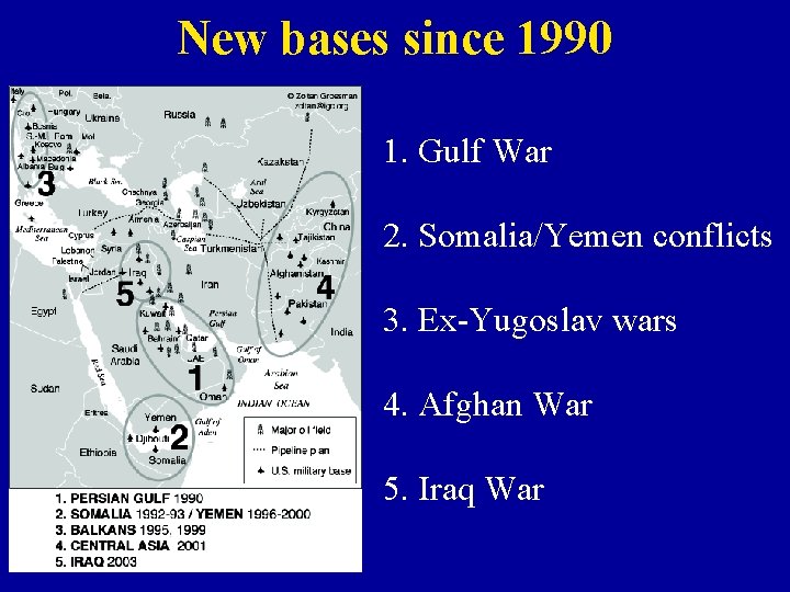 New bases since 1990 1. Gulf War 2. Somalia/Yemen conflicts 3. Ex-Yugoslav wars 4.